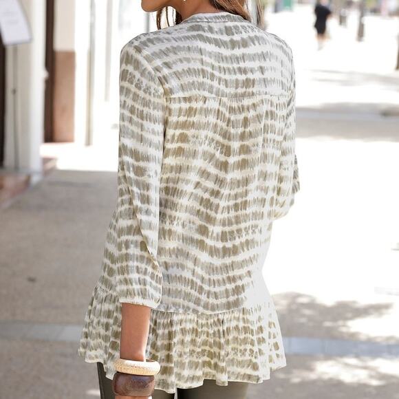 Lascana Medium Tie Dye Tunic Blouse Ruffle Bottom Tie Neck 3/4 Sleeve - Picture 2 of 7